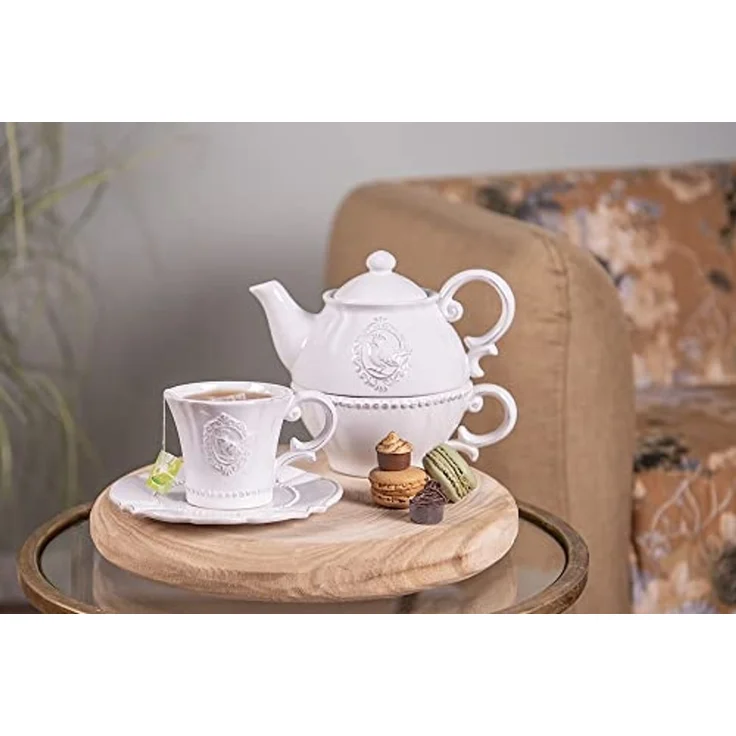 Clayre & Eef Teekanne TEA FOR ONE 400 ML Beige KERAMIK VÖGEL RUND TEEKANNEN SET TEESET – Bild 2