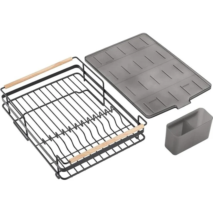 Abtropfgestell Metall schwarz Geschirrabtropfer Abtropfgitter Holzgriff mDesign – Bild 4
