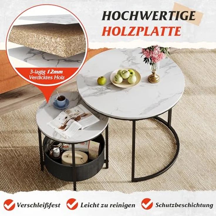 WLIVE Couchtisch 2er Set, Beistelltisch Rund mit Stauraum, Wohnzimmertisch Holz mit Metallrahmen, Sofatisch für Wohnzimmer Schlafzimmer, (Marmor Weiß, 60 cm und 40 cm Durchmesser) – Bild 7