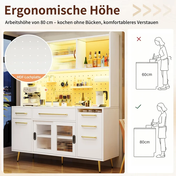 EINHOM Modernes Sideboard mit LED-Beleuchtung, Hochschrank für Küche & Wohnzimmer, Aufbewahrungsschrank mit Lochwand, Schublade & Glastür, Weiß – Bild 6
