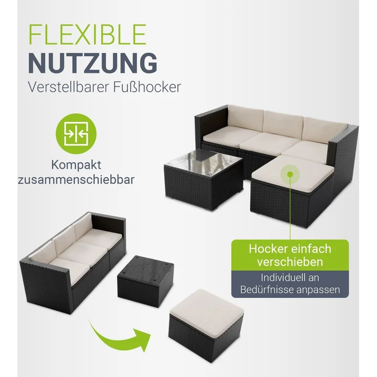 Juskys Polyrattan Lounge Punta Cana M schwarz inkl. Abdeckung – Gartenlounge Set für 3-4 Personen – Sitzgruppe mit Sofa, Tisch & Hocker - Sitzbezüge in Creme – Bild 6
