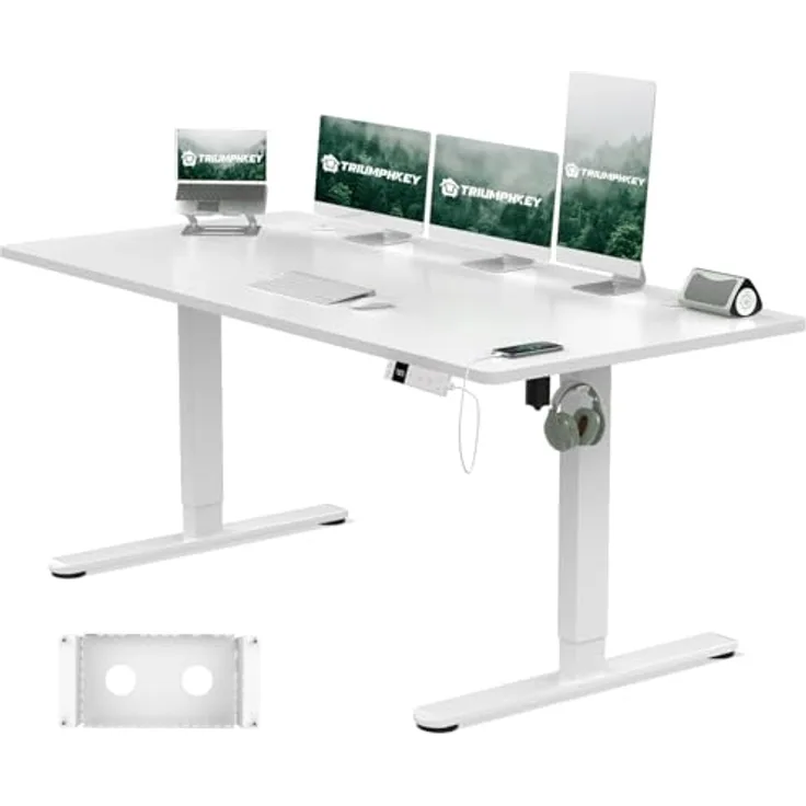 TRIUMPHKEY Höhenverstellbarer Schreibtisch 160x80cm mit Typ-C Ladeanschluss, Schreibtisch Höhenverstellbarer mit Kabel Management Tray, Standing Desk mit 3 Memory Funktion, Weiß