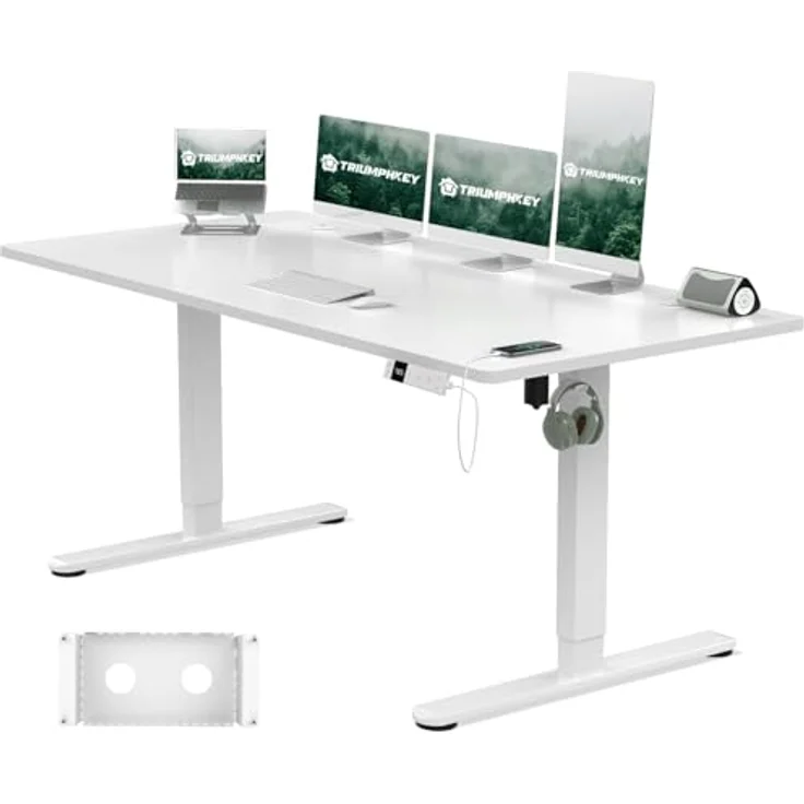 TRIUMPHKEY Höhenverstellbarer Schreibtisch 160x80cm mit Typ-C Ladeanschluss, Schreibtisch Höhenverstellbarer mit Kabel Management Tray, Standing Desk mit 3 Memory Funktion, Weiß – Bild 1