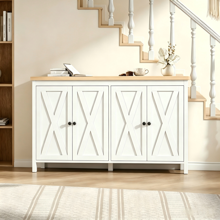Merax 140cm Sideboard mit 4 Türen, mit Schwarzem, Rundem Griff,2 Partitionen, Multifunktionaler Aufbewahrungsschrank aus MDF-Material, Weiß – Bild 7