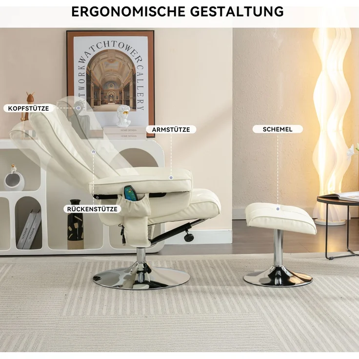 Massagesessel mit Heizfunktion & Fußhocker, verstellbare Rückenlehne bis 135°, Kunstleder Relaxstuhl mit 360° Drehung,Beige – Bild 8