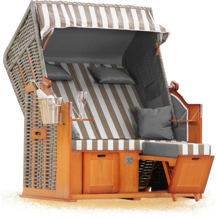 Strandkorb Hanse Ostsee Klassik XXL 2 Sitzer - Creme Weiß Blockstreifen, 137 x 166 x 78 cm – Bild 1