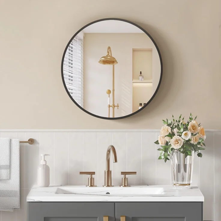 SONGMICS 61 cm d Spiegel rund, runder Spiegel, Wandspiegel, Metallrahmen, einfache Montage, modern, für Bad, Wohnzimmer, Schlafzimmer, Flur, Eingangsbereich, tintenschwarz LWM102BD03 – Bild 1