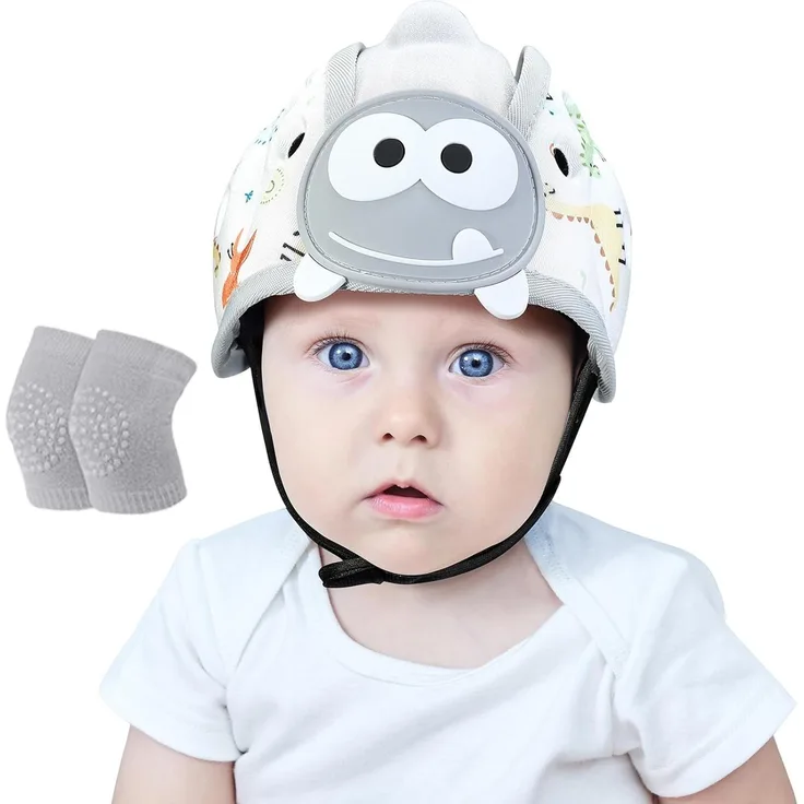 Orzbow Baby Helm,Atmungsaktiver Baby Kopfschutz zum Krabbeln und Gehen, Verstellbarer Baby Sicherheitshelm,Anti-Kollision,Ultraleicht,Hochwertige Baumwolle und EVA (Weißer Dino)