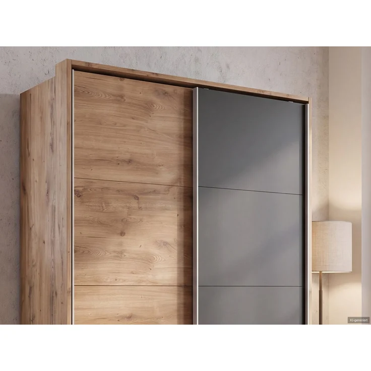 Schwebetürenschrank 2türig Kleiderschrank 138 cm Eiche Dekor Grafit Passepartout – Bild 5