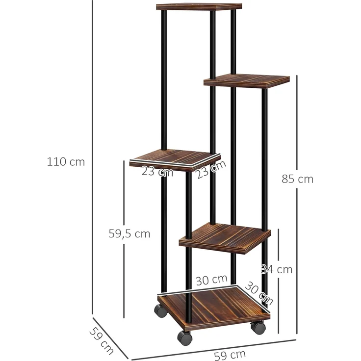Outsunny Pflanzentreppe für Innen Außen, aus Stahl, Holz, mehrstöckig, 110 cm hoch (5-Etagen Pflanzenständer, 1 St, Blumenständer), für Wohnzimmer, Garten Balkon Deko, Verkohlt – Bild 7