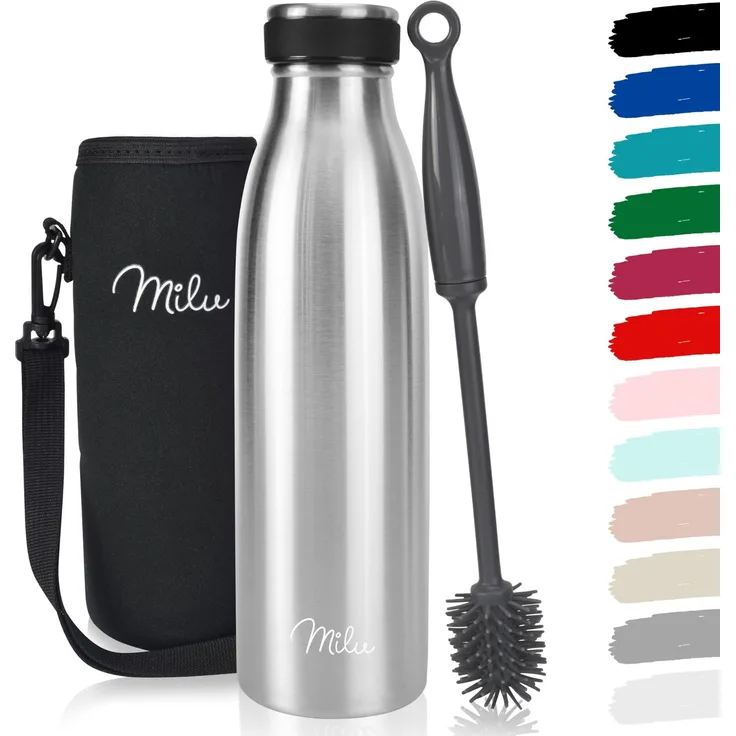 Milu Edelstahl Trinkflasche 500ml 750ml 1L 1,5L – Thermosflasche, Isolierte Wasserflasche, Auslaufsichere Isolierflasche doppelwandig, Kohlensäure geeignet – inkl. Reinigungsbürste (Edelstahl, 500ml)