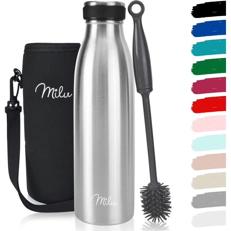 Milu Edelstahl Trinkflasche 500ml 750ml 1L 1,5L – Thermosflasche, Isolierte Wasserflasche, Auslaufsichere Isolierflasche doppelwandig, Kohlensäure geeignet – inkl. Reinigungsbürste (Edelstahl, 500ml)