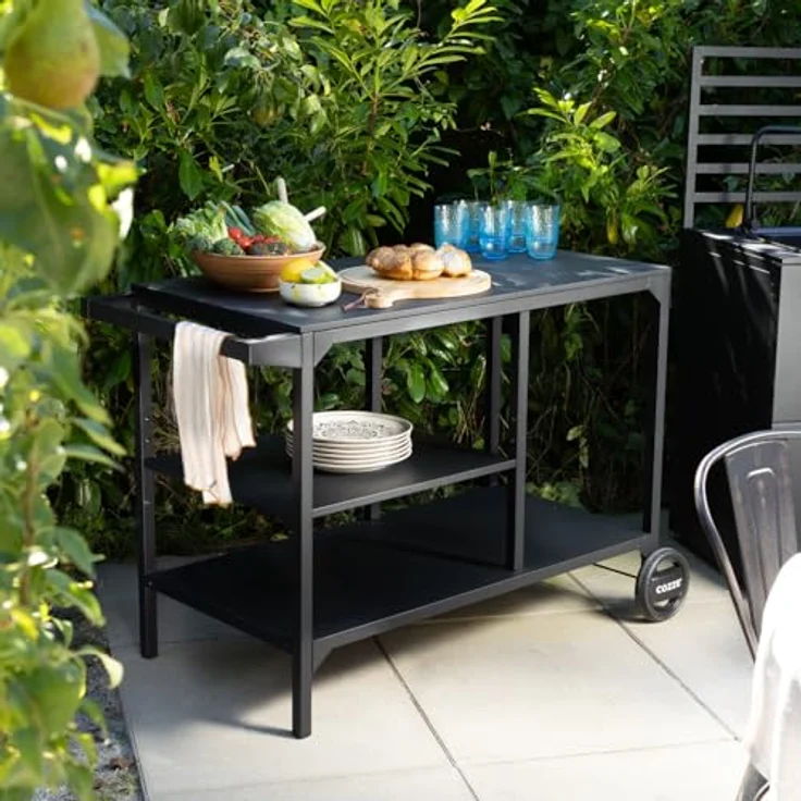cozze BBQ Station & Outdoor Küche – Großer Grilltisch für Pizzaofen, Verstellbarer Regalboden (3 Höhen), 2 Räder, Stahl Schwarz, bis 100 kg - 90x115x60 cm – Bild 7