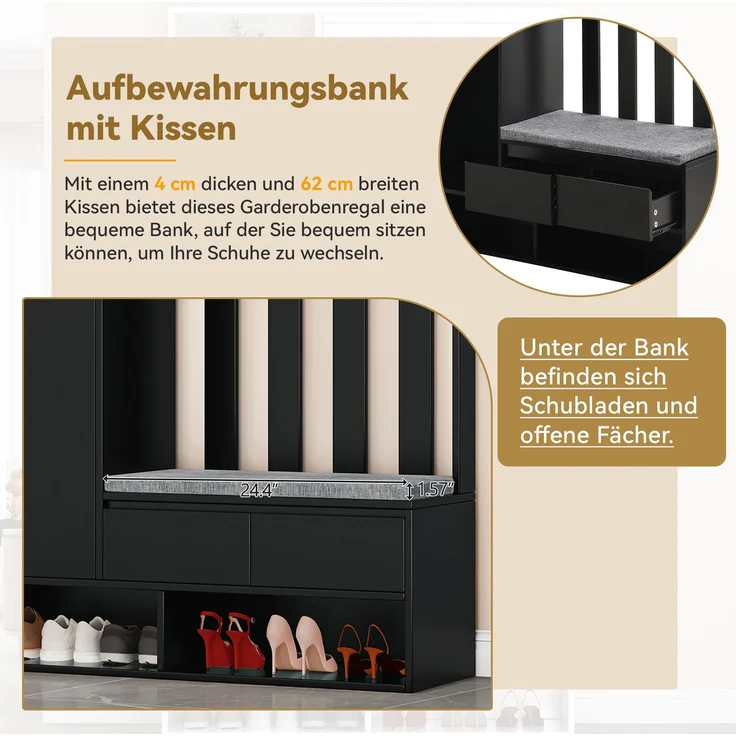 Merax 180cm Flurgarderobe, mit gepolsterter Aufbewahrungsbank, multifunktionaler Flur-Schuhschrank mit Stecktafel, moderne Garderobe mit 4 Haken, Schwarz – Bild 5