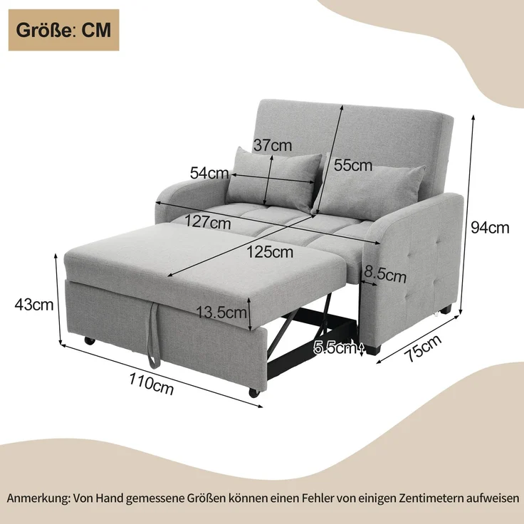 Klappsofa Schlafsofa ausziehbar Baumwoll-Leinen verstellbare Rückenlehne Gästebett Multifunktion Sofa-Bett,Grau – Bild 7