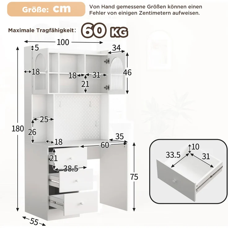 Schreibtisch 100 x 55 x 180 cm mit Pinnwand, Glasfronten und 3 Schubladen – MDF, Weiß – Bild 4