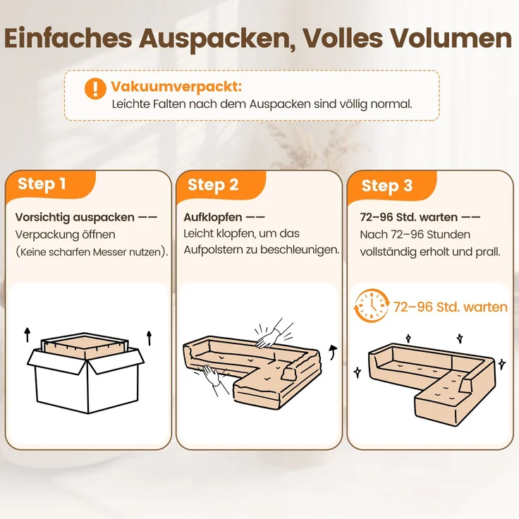 Cord-Sofa mit 2 Stauraumhockern, Leselampe, Klappkonsole, App-LED und USB-C, U-förmige Lounge-Couch mit Getränkehalter, Beige – Bild 3