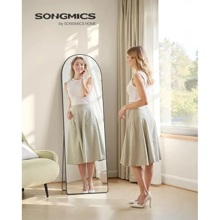 SONGMICS Ganzkörperspiegel, 160x50 cm, gewölbter Standspiegel, Rahmen aus Aluminiumlegierung, Hartglas, abgerundete Ecke, für Schlafzimmer, Wohnzimmer, Garderobe, tintenschwarz LFM051BD01 – Bild 3