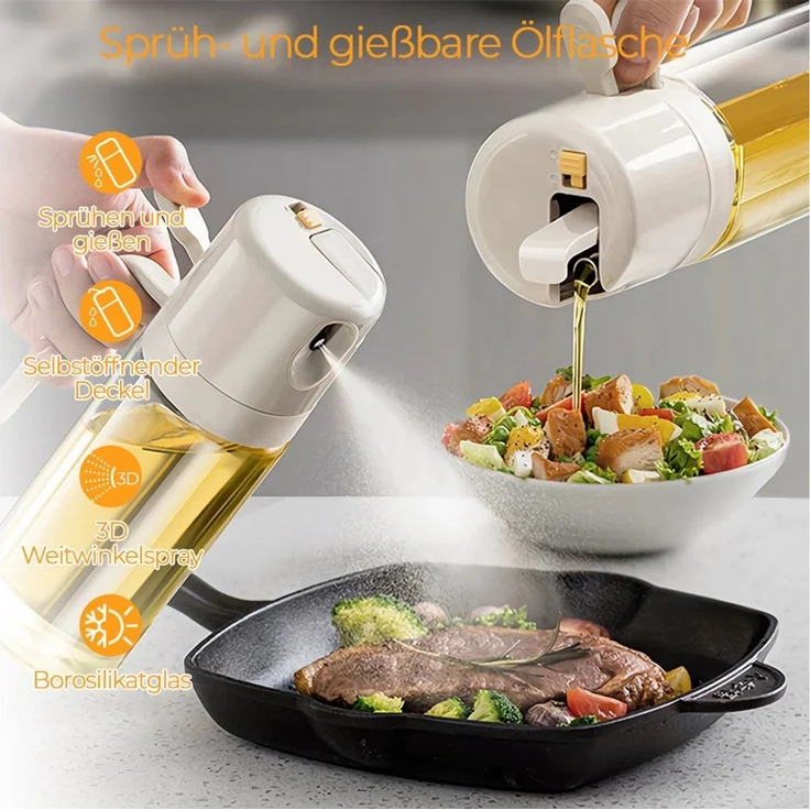 PFCTART Sprühflasche Ölsprüher 550 ml 2in1 Öl Sprühflasche mit Gießfunktion, (Set, 1-tlg, Für Olivenöl, Essig & Sojasauce – Glasbehälter Öl Sprayflasche), Feiner Nebel oder Strahl, rutschfester Griff – Ölspray für Airfryer – Bild 2