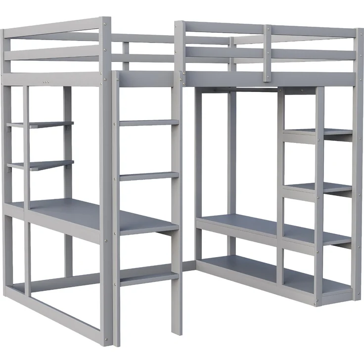 Hochbett 140x200 cm mit Schreibtisch und Stauraum,Kinder- & Jugendbett aus Massivholz,Leiter & Regale,Grau – Bild 7