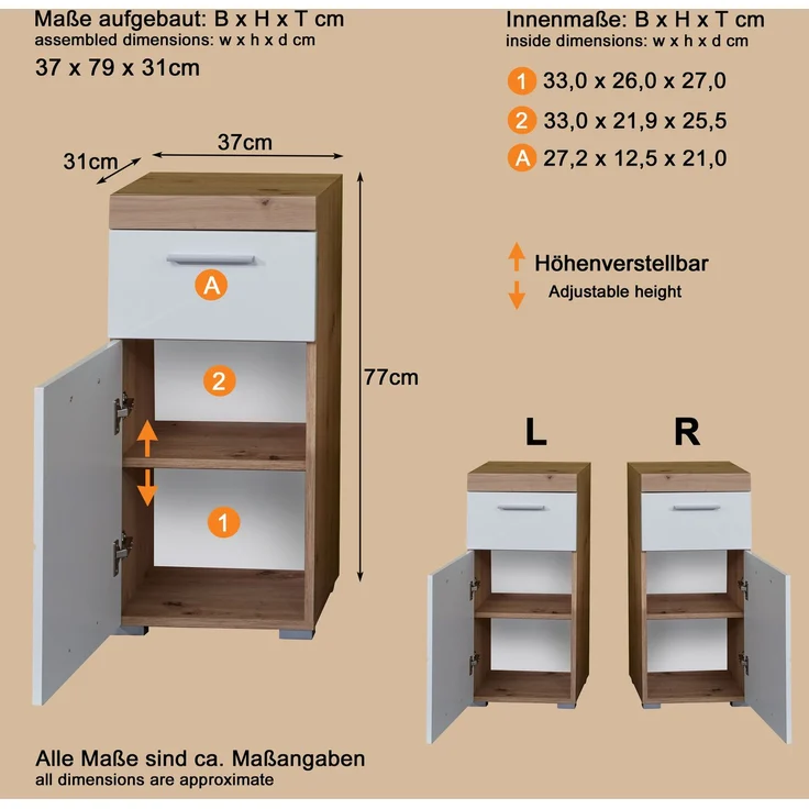 Trendteam 'Amanda' Midischrank, Holz, 79 x 31 x 37 cm, Weiß/Eiche – Bild 8