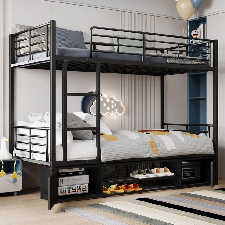 EINHOM Eisenrahmenbett, Etagenbett, Offener Schuhschrank, Doppeltüriger Kleiner Lagerschrank, Geeignet für Kinder und Jugendliche, mit Seitenleiter, mit Fallschutzgitter, Eisen, Schwarz, 90 x 200 cm (Ohne Matratze) – Bild 3