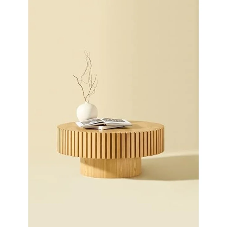 NJLyuhome Elegant Round Coffee Table-MDF Base with Ash Veneer Finish, Modern Design for European Living-Natural – Bild 2