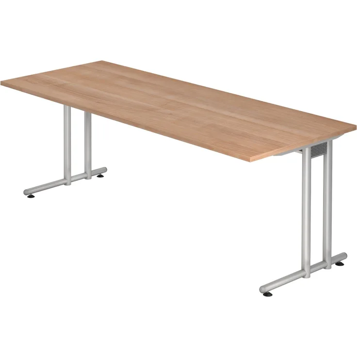 bümö Schreibtisch groß, N-Serie 200x80 cm, Tischplatte aus Holz in Nussbaum, Gestell aus Metall in Silber - PC Tisch, großer Computertisch für's Büro, Office Bürotisch, NS-20-N-S