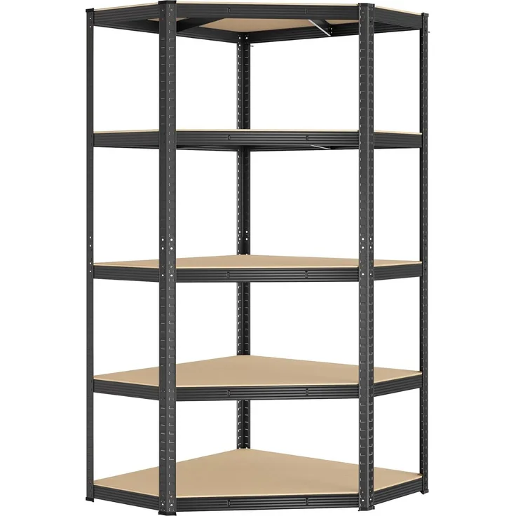 SONGMICS Eckregal 5 Ebenen, Schwerlastregal, Metall, Lagerregal für Garage, Abstellraum, Kellerregal, bis 875 kg belastbar, tintenschwarz-naturbeige GLR080B01