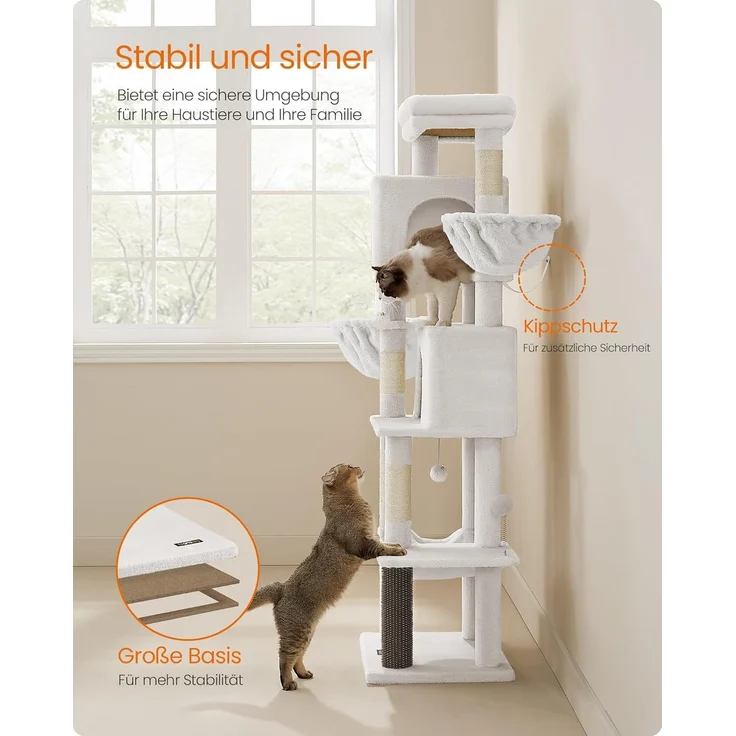 Feandrea Kratzbaum groß, 174 cm hoch, XL, mehrstöckiger Katzenbaum mit 2 Höhlen, 2 Liegemulden, 5 Kratzsäulen, Katzenbürste, große Plattform, cremeweiß – Bild 4