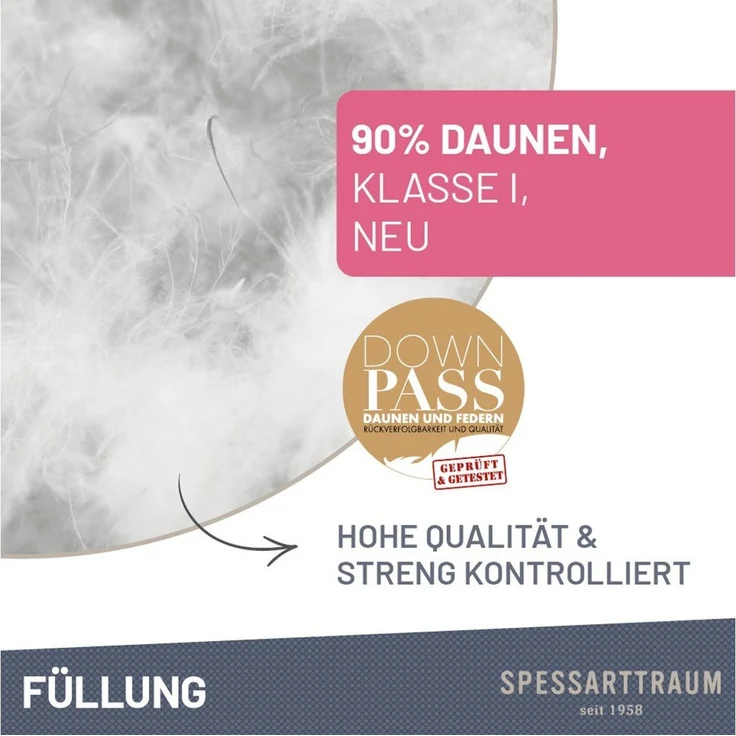 SPESSARTTRAUM Daunenbettdecke + Federkissen First Class, Füllung: Bettdecke: 90%Daunen / 10% Federn, Klasse I, Downpass zertifiziert, Bezug: 100% Baumwolle, Made in Green, Hausstauballergiker geeignet, Sparset: 5 Wärmeklassen, 135x200 cm & 155x220 cm – Bild 3