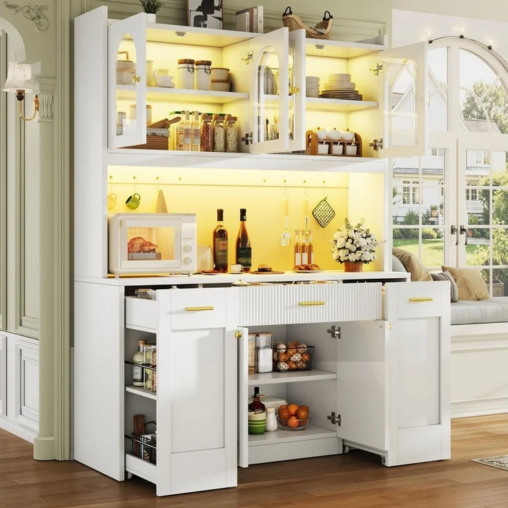Odikalo Küchenbuffet Küchenschrank Buffetschrank mit LED Schublade und Roll-Ablagen (Hochküchenschrank 120cm mit RGB-LED, App-Steuerung, 3 Glasvitrinen, Schubkästen & beidseitigen Roll-Ablagen) 120*40*187cm(L x B x H) – Bild 2