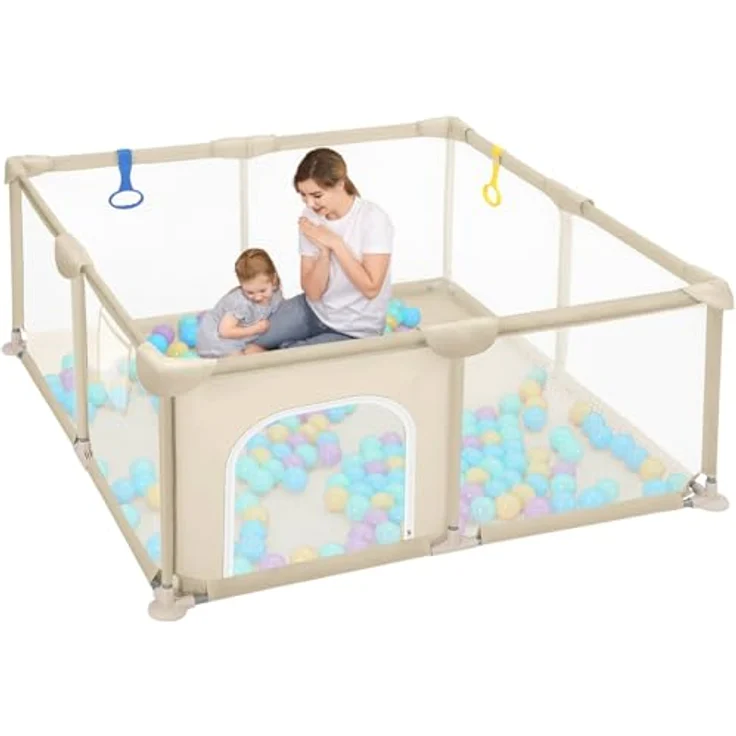 Dripex Laufstall Baby 124x124 cm, Laufgitter Baby, Laufstall mit atmungsaktivem Netz, Laufgitter 210D Oxford Gewebe, Playpen, kinderlaufstall, Braun – Bild 1