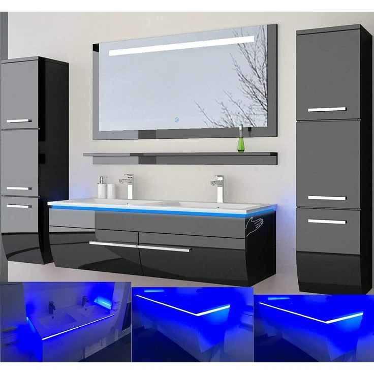 Homeline Badmöbel Set Doppelwaschbecken Waschbecken Spiegel und Ablage Vormontiert Badezimmermöbel LED Hochglanz lackiert Homeline1 Schwarz 120 cm 2 Hängeschränke – Bild 1