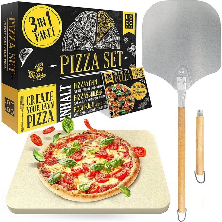 Loco Bird Pizzastein für Backofen & Gasgrill, rechteckig aus Cordierit, Cordierit, (Set, 3-St, inkl. Pizzaschieber und Rezeptbuch), für eine Pizza wie in Italien: authentischer Geschmack für Zuhause – Bild 5