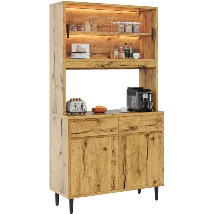 Merax Buffetschränke, Esszimmer-Hochschrank 100*40*185 cm, mehrstufigem Stauraum, integrierter Steckdose sowie USB-C- und USB-A-Anschlüssen,Mit farbigem Lichtstreifen, Eichenfarbe – Bild 10
