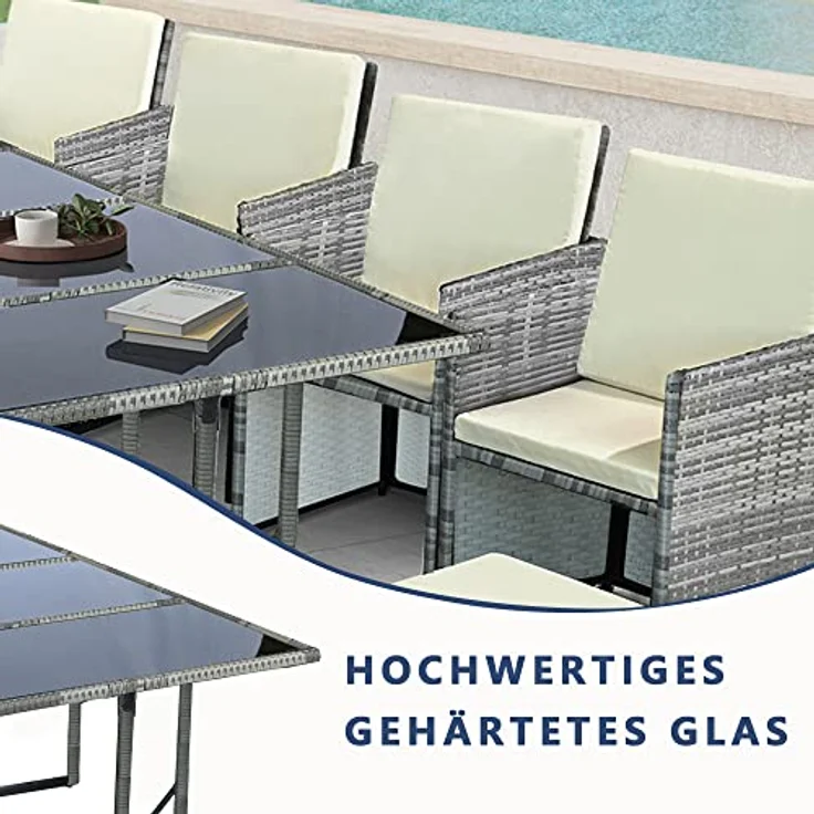 Ribelli Gartenmöbel Set 9-Teilig, Lounge Balkonmöbel aus Polyrattan, Wetterfest Sitzgruppe, Sitzgarnitur mit Sofa, Esstisch, Outdoor Kissen, Hocker, für Rasen, Terrasse, Garten, Grau/Cream – Bild 5