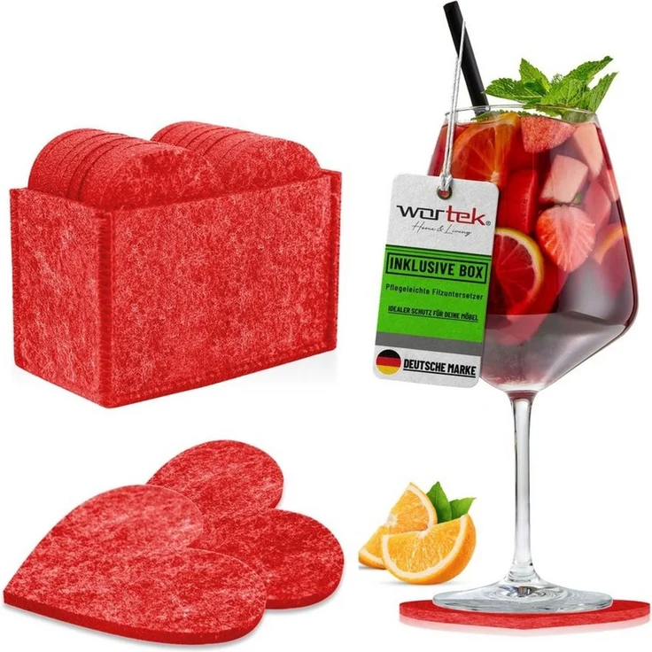 wortek Getränkeuntersetzer Filz-Untersetzer Herz für Gläser 10er Set + Box, Zubehör für Tisch & Gläser, Set, 10-tlg, waschbare Getränke Glasuntersetzer Gläser, Tischuntersetzer Filz 10 cm