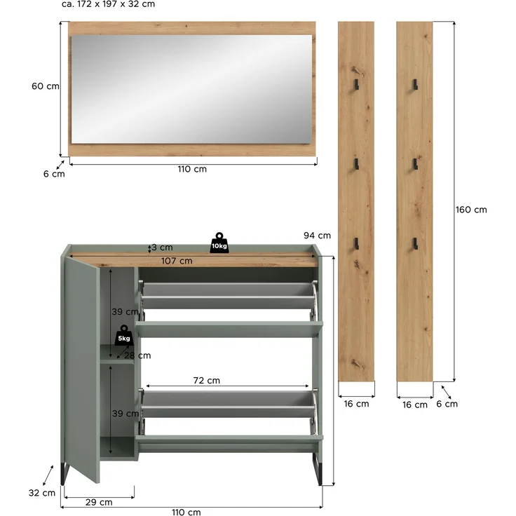 Garderobenkombination B/H/T: 192x172x32 cm in Salbei Nachbildung und Artisan Oak Nachbildung – Bild 4