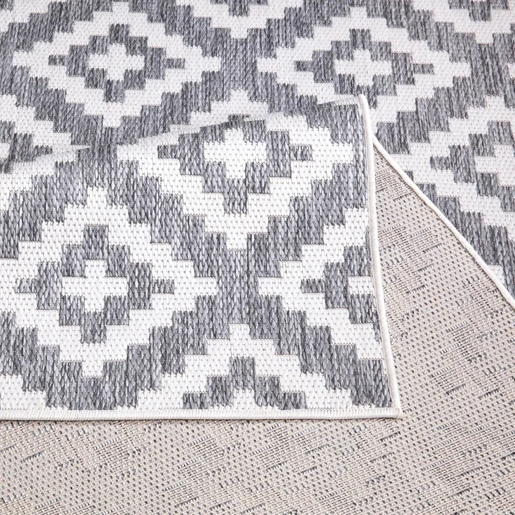 Outdoor Teppich Rund - 160x160cm - Wetterfest - Grau Weiß - Bordüre - Teppiche für Terrasse Balkon Garten Indoor – Bild 9