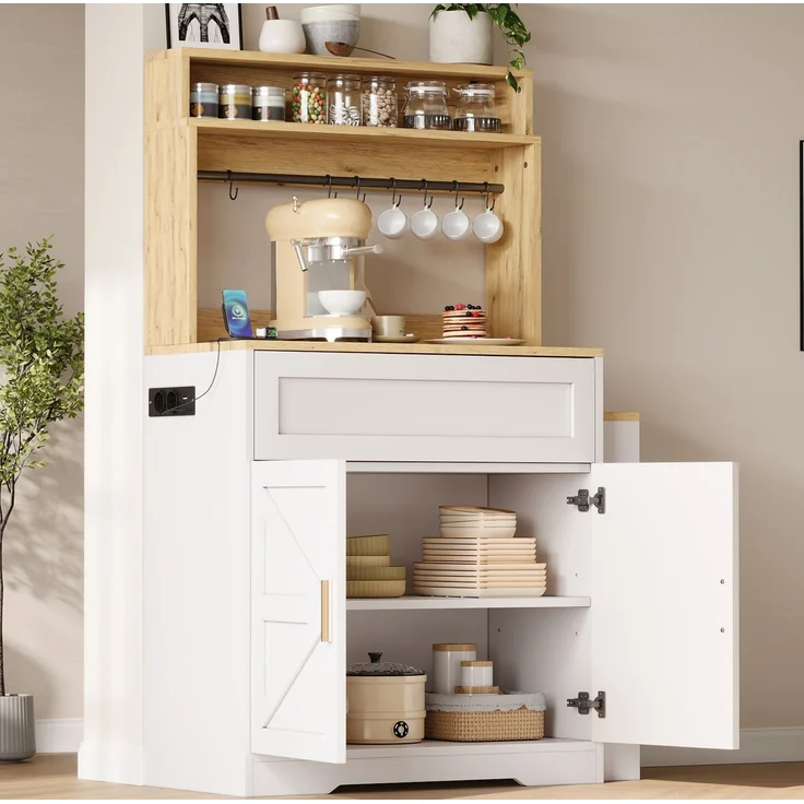 Küchenschrank 144 x 40 x 142 cm in Weiß mit ausziehbarer Arbeitsplatte und Seitenregal – Bild 3