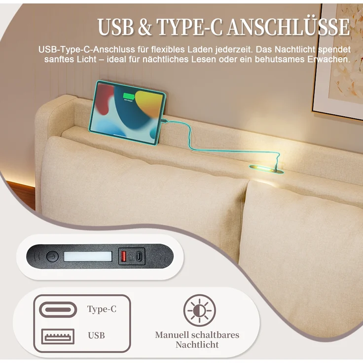 LVHOM Polsterbett 140x190cm mit LED&USB, Doppelbett mit Stauraum, Stauraumbett mit abnehmbaren Kissen, Bettgestell Massiv, Samtstoff, Beige – Bild 5