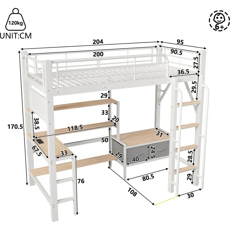 Hochbett 90x200 cm in Weiß mit Schreibtisch, LED-Lichtleiste und Stauraum – Ohne Matratze – Bild 5