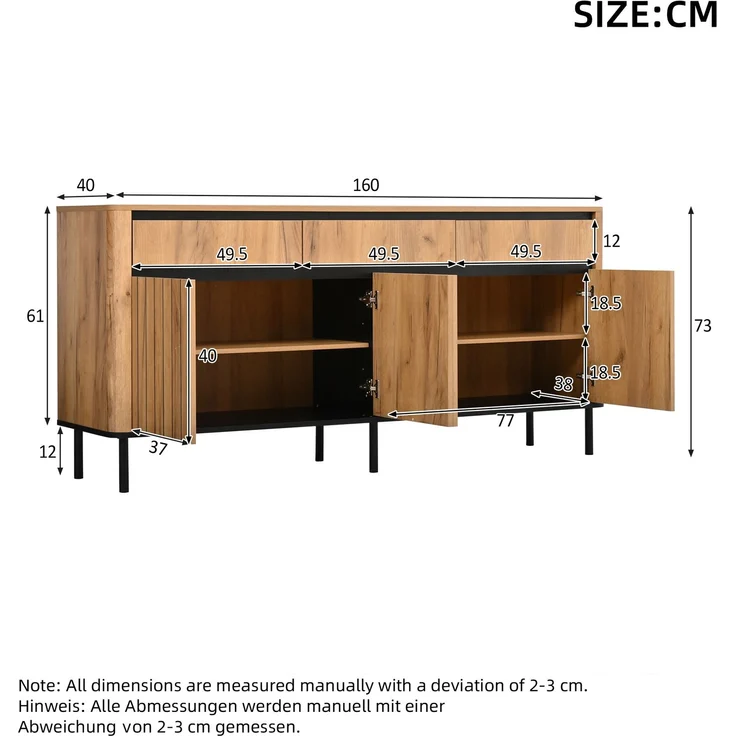 Merax 160cm Sideboard, Fernsehschrank mit 3 Auszugschubladen & 3 Lamellentüren, 6 Metallfüße, abgerundete Kanten, Eichenfarbe – Bild 4