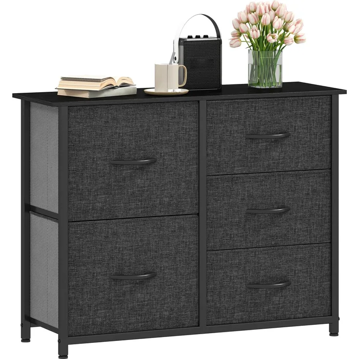 DWVO Kommode mit 5 Schubladen, langlebiger Stoff, Robustes Metallgestell, modern und funktional, ideal für Schlafzimmer, Wohnzimmer, Flur, Kinderzimmer, Schwarz Grau
