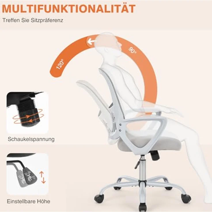 Sweetcrispy Bürostuhl Ergonomisch, Schreibtischstuhl mit Lendenwirbelstütze, Verstellbaren Armlehnen Drehstuhl, Höhenverstellbarer Office Chair, Bürostühle Geeignet für Büro und Schlafzimmer, Grau – Bild 7