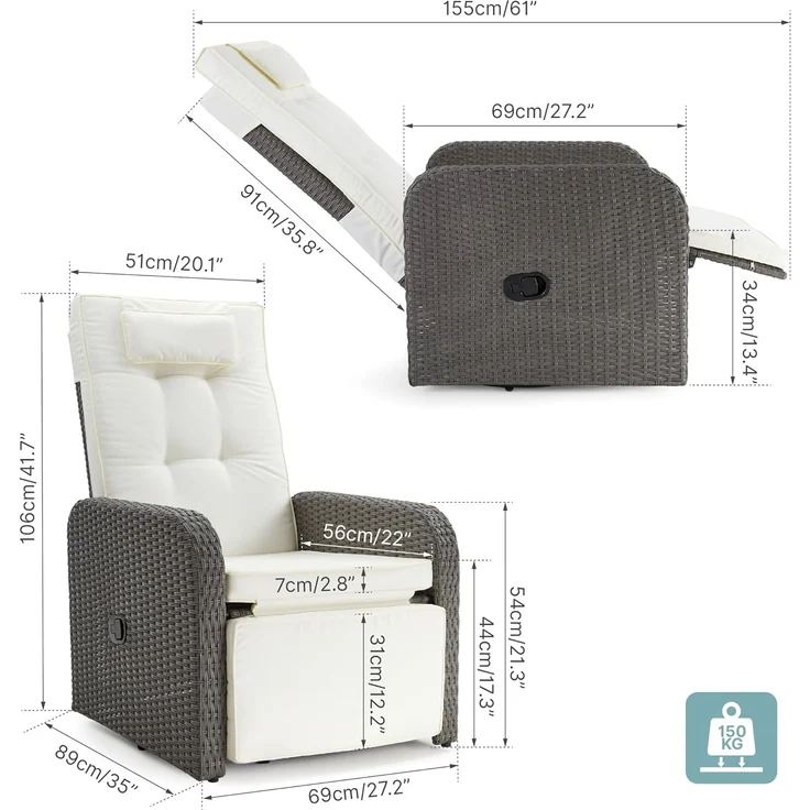 Mondeer Liegesessel, PE Rattan Sonnenliege mit Verstellbarer Rückenlehne und 360° Drehbarem Fußkreuz, für Garten Terrasse Innen Außenbereich, Grau und Beige – Bild 2