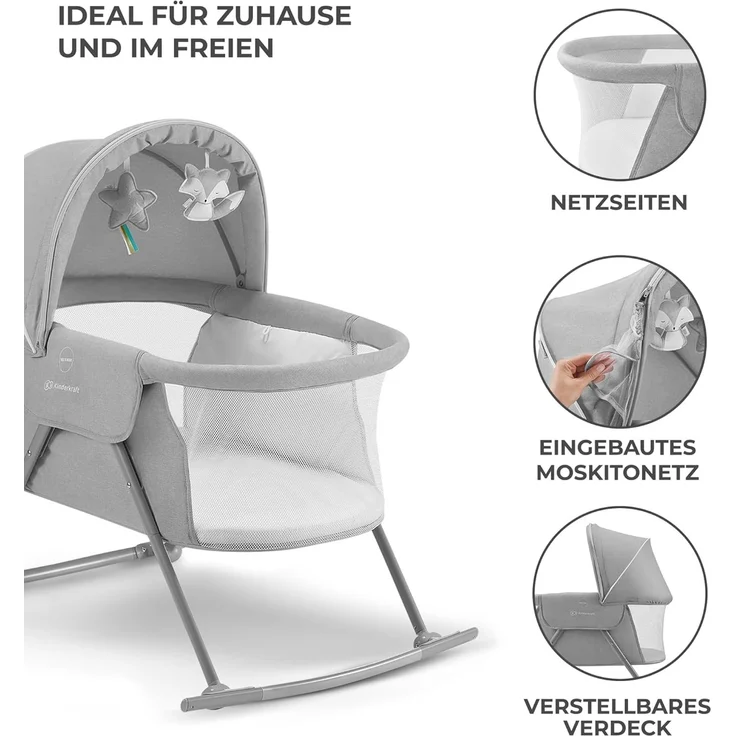 Kinderkraft Kinderbett 3 in 1 LOVI, Kinderreisebett, Stubenwagen, Babywiege, Baby Wippe, Zusammenklappbar, Einfach Transport, mit Zubehör, Tasche, Moskitonetz,von Geburt bis 9 kg, Grau – Bild 7