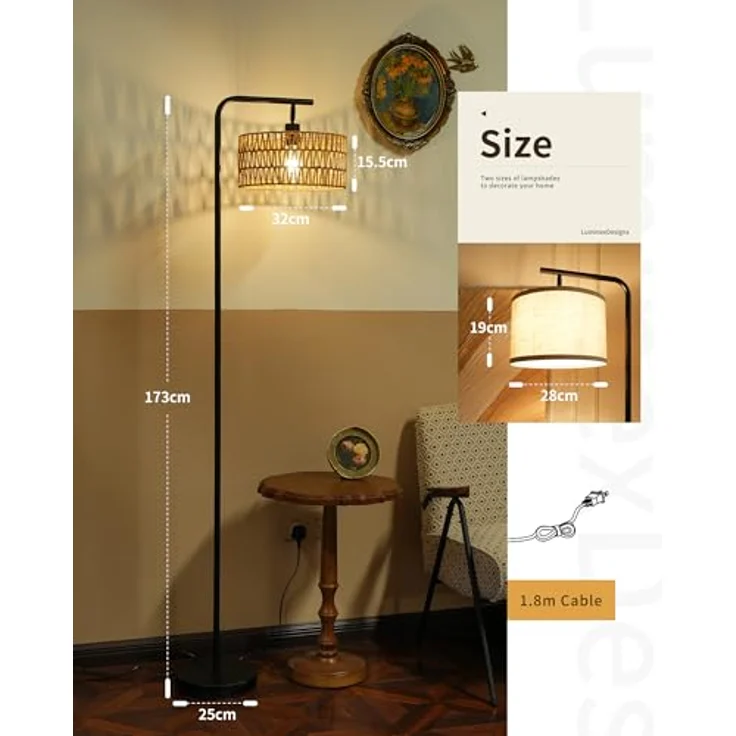 LuminexDesigns Rattan Stehlampe Boho für Wohnzimmer, Vintage Rustic E27 Stehleuchte Schlafzimmer mit Doppel-Lampenschirm, 173 cm Hoch, Schwarz, Schwer Standfuß, Verstellbarer Lampenkopf, Fußschalter – Bild 5