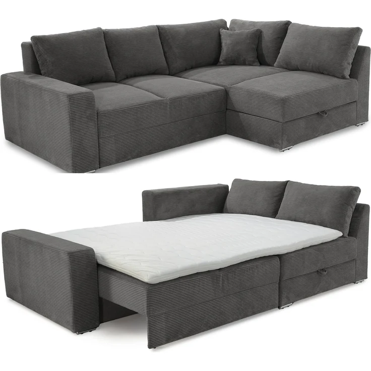 Ecksofa-Dauerschläfer Federkern Topper Bettkasten Schlafcouch Cord Dunkelgrau – Bild 1